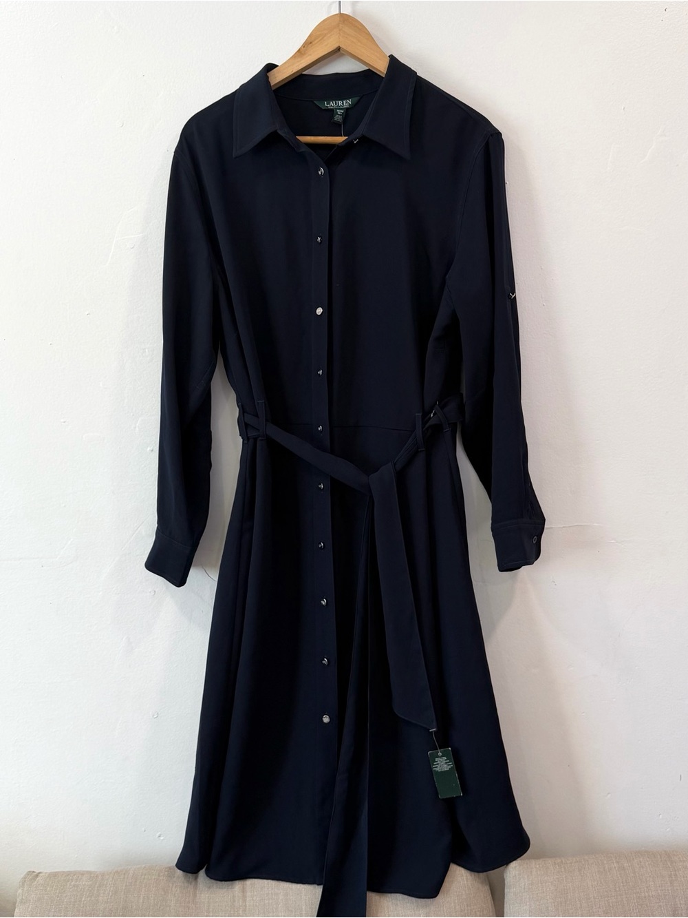 Lauren Ralph Lauren Belted Button Down Navy Blue Midi Dress Quiet Luxury